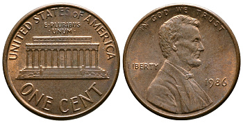 США 1 цент 1986 Линкольн KM 201b цинк плакированный медью    4608-418