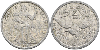 Французская Новая Каледония 2 франка 1990 птица кагу, (IEOM) KM 14, Schoen 11, Lec 66 алюминий    27-1154