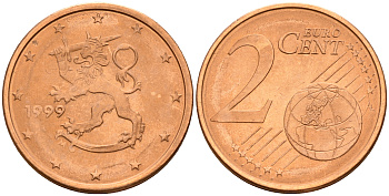 Финляндия 2 евроцента 1999  KM 99 сталь плакированная медью  UNC  4160-354