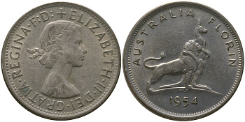 Австралия 1 флорин 1954 Елизавета II (1952-2022), английский лев и кенгуру, королевский визит KM 55 серебро 4168-243