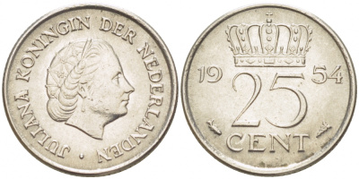 НИДЕРЛАНДЫ 25 ЦЕНТОВ 1954 ЮЛИАНА KM 183 никель 214-746
