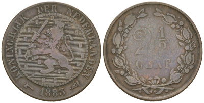 Нидерланды 2 1/2 цента 1883 Виллем III (1849-1890), тираж 400.000 экземпляров KM 108 бронза 4582-1126