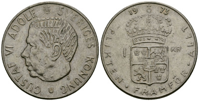 Швеция 1 крона 1973 Густав VI Адольф (1950-1973) KM 826a медь плакированная медно-никелем 4138-825