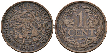 Нидерланды 1 цент 1917 Вильгельмина (1890-1948) KM 152 бронза 4576-719