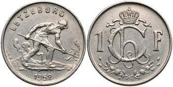 Люксембург 1 франк 1952 Шарлотта (1918-1964), сталевар KM 46.2 медно-никель 4175-357