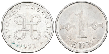 Финляндия 1 пенни 1971 KM 44а алюминий 4564-862