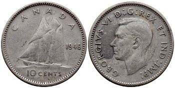 Канада 10 центов 1946 Георг VI (1937-1952), парусник KM 34 серебро 08-1458