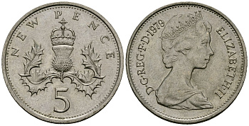 Великобритания 5 пенсов 1979 Елизавета II (1952-2022) KM 911, Spink 4233 (D1) медно-никель 27-512