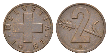 Швейцария 2 раппена 1953 B KM 47 бронза 4630-653