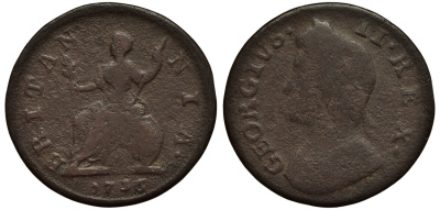 Великобритания 1 фартинг 1736 Георг II (1727-1760) KM 572.2, Spink 3720 медь 106-842