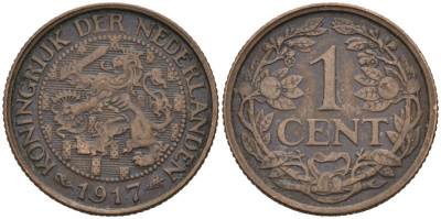 Нидерланды 1 цент 1917 Вильгельмина (1890-1948) KM 152 бронза 4576-719