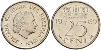 Нидерланды 25 центов 1969 Юлиана (1949-1980) VIS KM 183 никель    4598-434