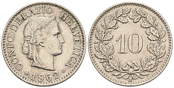 Швейцария 10 раппенов 1962 В KM 27 медно-никель 4576-951