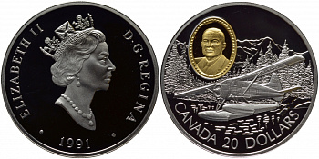 Канада 20 долларов 1991 самолет Де Хэвиленд Бивер, авиатор Филип Кларк Гаррат KM 197 серебро, позолота PROOF 1077-2-12