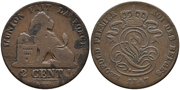 БЕЛЬГИЯ 2 САНТИМА 1847 BELGES KM 4.2 медь 4393-844