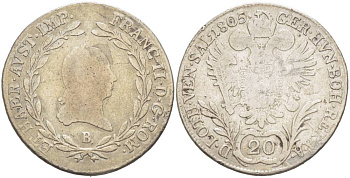 АВСТРИЯ 20 КРЕЙЦЕРОВ 1805 В, ФРАНЦ II (1792-1806) KM 2140 серебро 4545-613