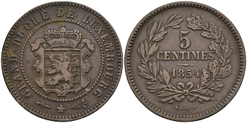Люксембург 5 сантимов 1854 Barth, Виллем III Нидерландский (1849-1890) KM 22.1 бронза 4587-636