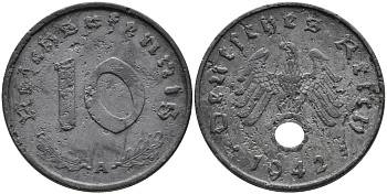 ГЕРМАНИЯ 10 РЕЙХСПФЕННИГОВ 1942 A KM 101, J.371 цинк 95-757
