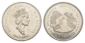 Канада 25 центов 1992 125 лет Конфедерации Канада - Новый Бронсвик KM 203 никель UNC 4637-852