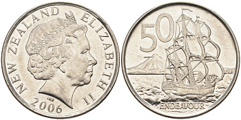 Новая Зеландия 50 центов 2006 Елизавета II (1952-2022), парусник Индевор KM 119а никелированная сталь 4579-1043