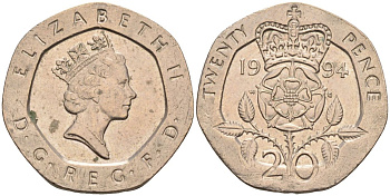 Великобритания 20 пенсов 1994 Елизавета II (1952-2022) KM 939, Spink 4361 (G2) медно-никель 4116-824
