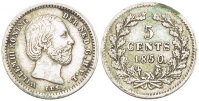 Нидерланды 5 центов 1850 Виллем III (1849-1890), точка после даты KM 91 серебро 3955-211