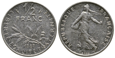 Франция 1/2 франка 1987 сеятель KM 931.1 никель 93-1426