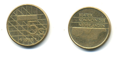Нидерланды 5 гульденов 1988 Беатрикс (1980-2013) KM 210 никель плакированный бронзой 4364-556