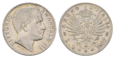 Италия 2 лиры 1907 R, Виктор Эммануил III (1900-1946) KM 33 серебро 413-2222