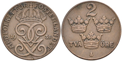 Швеция 2 эре 1931 Густав V (1907-1950) KM 778 бронза 63-1246