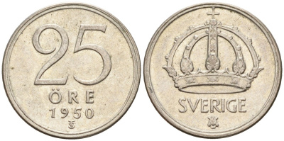 Швеция 25 эре 1950 TS, Густав V (1907-1950) KM 816 серебро 4147-1023