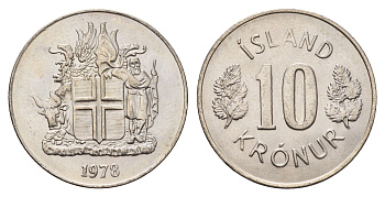 Исландия 10 крон 1978 KM 15 медно-никель UNC 4586-1245