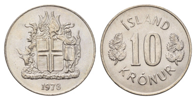 Исландия 10 крон 1978 KM 15 медно-никель UNC 4586-1245