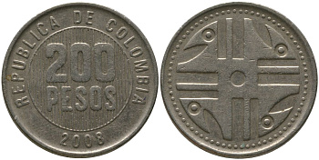 Колумбия 200 песо 2008 KM 287.4, Schon 113, Restrepo 446 никель латунь 4538-355