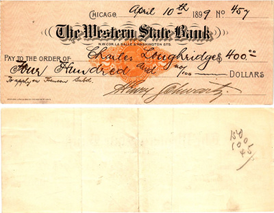 США чек на 400 долларов 1899 The Western State Bank, Чикаго бумага 6287-46-2-1