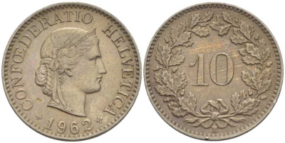 ШВЕЙЦАРИЯ 10 РАППЕНОВ 1962 В KM 27 медно-никель 99-1157