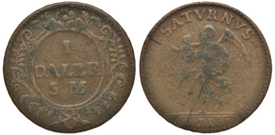 Швеция 1 далер 1718 S.M., Карл XII (1697-1718), чрезвычайный выпуск, Сатурн, отец времени KM 358 медь 3896-734