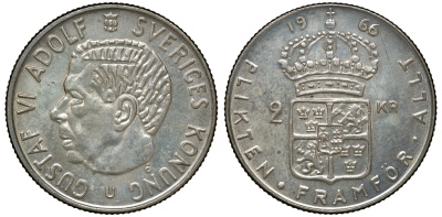 Швеция 2 кроны 1966 U, Густав VI Адольф (1950-1973) KM 827 серебро 4179-1343