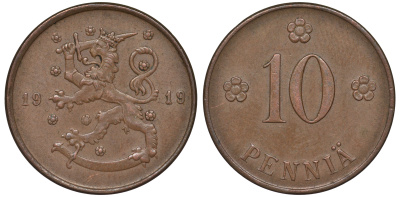 Финляндия 10 пенни 1919 KM 24 медь 45-1134