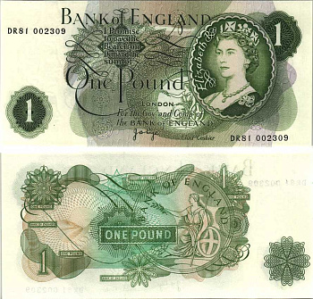 АНГЛИЯ 1 ФУНТ 1970-1977 ПОДПИСЬ J.B. PAGE Pick 374g бумага UNC (ПРЕСС) 7214-15-4-2