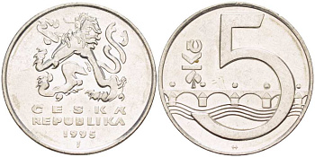 Чехия 5 крон 1995 чешский лев, Карлов мост KM 8 сталь плакированная никелем 4514-726