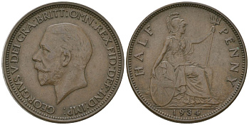 Великобритания 1/2 пенни 1934 Георг V (1910-1936) KM 837, Spink 4058 бронза 4163-1036