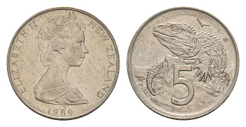 Новая Зеландия 5 центов 1980 Елизавета II (1952-2022), ящерица гаттерия KM 34.1 медно-никель 4655-1159