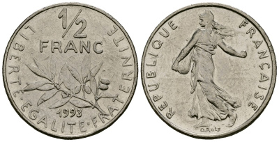Франция 1/2 франка 1993 сеятель KM 931 никель 4135-736