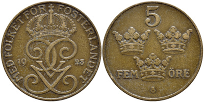 Швеция 5 эре 1923 Густав V (1907-1950) KM 779.2 бронза 4394-911