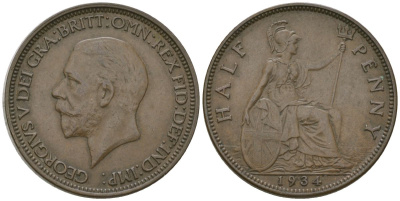 Великобритания 1/2 пенни 1934 Георг V (1910-1936) KM 837, Spink 4058 бронза 4163-1036