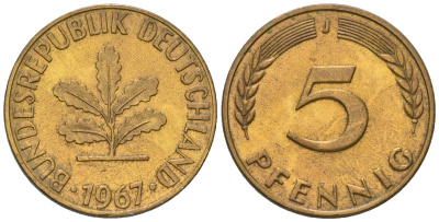 ФРГ 5 пфеннигов 1967 J KM 107, J. 382 сталь плакированная латунью 4164-527
