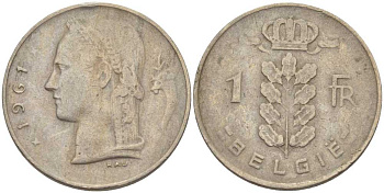 БЕЛЬГИЯ 1 ФРАНК 1961 BELGIE, БОДУЭН I (1951-1993) KM 143.1 медно-никель 202-1016