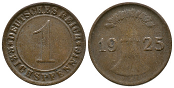 ГЕРМАНИЯ 1 РЕЙХСПФЕННИГ 1925 J KM 37, J. 313 бронза 4380-1132