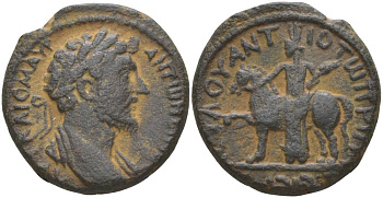 Римский Декаполис, Гиппос АЕ 138 - 161 Антонин Пий, бюст императора / богиня Тихе, держащая лошадь, 9,88 гр, Very rare Meshorer, City-Coins 203 медь 1073-9-17